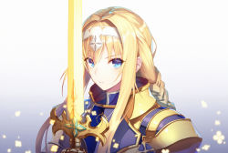 Rule 34 | 1girl, alice zuberg, armor, blonde hair, blue armor, blue eyes, braid, braided ponytail, closed mouth, frown, gold armor, gradient background, hair between eyes, hair intakes, hairband, holding, holding sword, holding weapon, inho song, long hair, osmanthus blade, ponytail, sidelocks, solo, sword, sword art online, sword art online: alicization, upper body, weapon, white background, white hairband