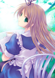 Rule 34 | 1girl, :o, akino subaru, alice (alice in wonderland), alice in wonderland, bad id, bad pixiv id, blonde hair, book, bow, chair, cup, dress, english text, green eyes, hair ornament, long hair, looking back, looking up, open book, outdoors, reading, sitting, solo, teacup, thighhighs