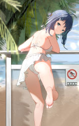 Rule 34 | 1girl, absurdres, against railing, arknights, ass, barefoot, bikini, black eyes, black hair, bohe midiexiang, breasts, from behind, hair ornament, hairclip, highres, la pluma (arknights), la pluma (summer flowers) (arknights), against railing, leg up, looking at viewer, looking back, medium breasts, official alternate costume, outdoors, railing, short hair, sideboob, sign, smile, soles, solo, standing, standing on one leg, swimsuit, thighs, white bikini