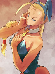 Rule 34 | 1girl, ahoge, animal ears, blonde hair, blue eyes, braid, breasts, cammy white, commentary request, cowboy shot, detached collar, facial scar, fake animal ears, hand on own face, highres, huge ahoge, leotard, long hair, looking at viewer, medium breasts, necktie, playboy bunny, rabbit ears, scar, scar on cheek, scar on face, solo, strapless, strapless leotard, street fighter, twin braids, yuenibushi
