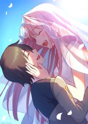 Rule 34 | 10s, 1boy, 1girl, bad id, bad twitter id, black hair, closed eyes, couple, darling in the franxx, hand on another&#039;s cheek, hand on another&#039;s face, happy, height difference, hetero, hiro (darling in the franxx), horns, long hair, open mouth, petals, pink hair, rochika (ya y a ya), short hair, smile, veil, zero two (darling in the franxx)