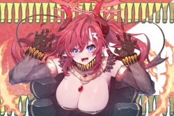 Rule 34 | alternate costume, blue archive, blue eyes, breasts, claw pose, cleavage, demon horns, demon tail, detached sleeves, fang, gloves, hair ornament, hairclip, halo, highres, horns, large breasts, long hair, megu (blue archive), open mouth, parody, pointy ears, red gloves, red hair, sakishimadara, salamander (vocaloid), tail, twintails