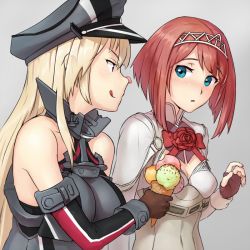 Rule 34 | 2girls, ark royal (kancolle), artist request, bare shoulders, bismarck (kancolle), blonde hair, blue eyes, blunt bangs, bob cut, braid, breasts, brown gloves, cleavage cutout, clothing cutout, corset, crown, detached sleeves, dress, fingerless gloves, flower, french braid, gloves, hairband, hat, ice cream cone, kantai collection, large breasts, long hair, long sleeves, looking at another, military, military hat, military uniform, mini crown, multiple girls, off-shoulder dress, off shoulder, peaked cap, red flower, red hair, red ribbon, red rose, ribbon, rose, sailor hat, short hair, shorts, tiara, uniform, white corset, white shorts