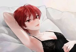 Rule 34 | 1girl, ahoge, arm behind head, arm up, armpits, bare arms, black dress, blush, borrowed character, breasts, cleavage, closed mouth, collarbone, dress, eyelashes, hair between eyes, han soo-min (hanny), highres, looking at viewer, lying, on back, original, pillow, red eyes, red hair, short hair, sleeveless, sleeveless dress, small breasts, smile, solo, spaghetti strap, tanna