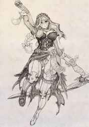 Rule 34 | boots, braid, breasts, cameltoe, commentary request, covered erect nipples, crosshatching, crown, cuff links, dress, gluteal fold, habit, hatching (texture), highres, holding, holding scythe, holding weapon, huge weapon, large breasts, linear hatching, long sleeves, mismatched pupils, monochrome, musen-shiki sanhankikan, nun, one breast out, original, ornate clothes, panties, paper texture, poleyn, puffy nipples, pussy jewelry, scythe, simple background, sleeve cuffs, symbol-shaped pupils, tassel, thigh strap, thighhighs, torn clothes, torn dress, traditional media, underwear, veil, weapon, white background