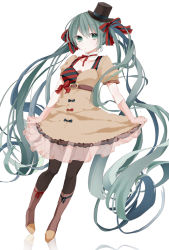 Rule 34 | 1girl, belt, boots, dress, full body, green eyes, green hair, hair ribbon, hat, hatsune miku, long hair, matching hair/eyes, mini hat, mini top hat, moegi0926, pantyhose, ribbon, simple background, skirt hold, solo, top hat, twintails, very long hair, vocaloid, white background