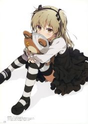 Rule 34 | 10s, 1girl, absurdres, bandages, black bow, black bowtie, black footwear, black ribbon, black skirt, black thighhighs, boko (girls und panzer), bow, bowtie, brown eyes, casual, collared shirt, covered mouth, full body, girls und panzer, high-waist skirt, highres, holding, holding stuffed toy, hug, layered skirt, light brown hair, long hair, long sleeves, looking at viewer, mary janes, ogipote, ribbon, shadow, shimada arisu, shirt, shoes, side ponytail, skirt, solo, standing, striped clothes, striped thighhighs, stuffed animal, stuffed toy, suspender skirt, suspenders, teddy bear, thighhighs, translation request, white shirt