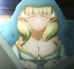 Rule 34 | 1girl, anime screenshot, bed, blonde hair, blush, breasts, cleavage, collarbone, elf, hairband, highres, interior, jewelry, kekkon yubiwa monogatari, large breasts, nephrites lomka, off shoulder, on bed, pointy ears, ring, screencap, smile, stitched, third-party edit, under covers, wedding ring