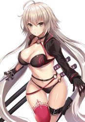 Rule 34 | 1girl, ahoge, bad id, bad twitter id, bikini, black bikini, black jacket, blush, breasts, choker, cleavage, collarbone, cropped jacket, fate/grand order, fate (series), gloves, groin, hair between eyes, harimoji, highres, holding, holding sword, holding weapon, jacket, jeanne d&#039;arc alter (swimsuit berserker) (fate), jeanne d&#039;arc (fate), jeanne d&#039;arc alter (fate), jeanne d&#039;arc alter (swimsuit berserker) (fate), katana, large breasts, long hair, looking at viewer, messy hair, multiple swords, navel, o-ring, o-ring bikini, parted lips, red thighhighs, sheath, shrug (clothing), sidelocks, simple background, single thighhigh, smirk, solo, stomach, swimsuit, sword, thigh strap, thighhighs, very long hair, weapon, white background, yellow eyes