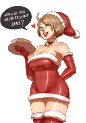Rule 34 | 1girl, ;p, ahoge, arm behind back, bare shoulders, bell, belly, blush, borrowed character, breasts, brown hair, cake, choker, christmas, cleavage, dress, earrings, elbow gloves, english text, female focus, food, fur trim, gloves, green eyes, hat, heart, highres, jewelry, john doe, large breasts, lips, looking at viewer, mama-chan (inkerton-kun), mama-tan (inkerton-kun), mature female, naughty face, neck bell, one eye closed, original, panties, pantyshot, red dress, red gloves, red legwear, santa costume, santa hat, solo, standing, stud earrings, thighhighs, tongue, tongue out, tray, underwear, zettai ryouiki