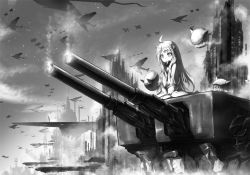Rule 34 | 10s, 1girl, abyssal ship, ahoge, aircraft, airplane, bad id, bad pixiv id, bae.c, boyogo, building, greyscale, horns, kantai collection, long hair, mittens, monochrome, northern ocean princess, sitting, skyscraper, turret