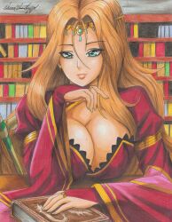 Rule 34 | 1girl, 2023, absurdres, bookshelf, breasts, brown hair, cleavage, commission, dress, hand on book, head on hand, highres, jewelry, large breasts, lips, long hair, mole, mole on breast, original, red dress, solo, traditional media, turquoise eyes
