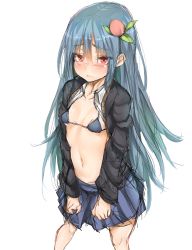 Rule 34 | 1girl, alternate costume, bad id, bad twitter id, blue bra, blue hair, blue skirt, bra, breasts, cardigan, collared shirt, food, fruit, highres, hinanawi tenshi, long hair, long sleeves, masuo, micro bra, miniskirt, navel, open clothes, open shirt, peach, red eyes, school uniform, shirt, simple background, sketch, skirt, small breasts, solo, stomach, touhou, underwear, very long hair, white background, white shirt