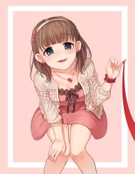 Rule 34 | 1girl, absurdres, bent over, blue eyes, blush, breasts, brown hair, cleavage, collarbone, earrings, hairband, hand on own knee, heart, heart earrings, heart necklace, highres, idolmaster, idolmaster cinderella girls, jewelry, kamille (vcx68), large breasts, looking at viewer, necklace, open mouth, red ribbon, ribbon, sakuma mayu, short hair, smile, solo