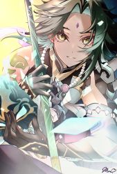 Rule 34 | 1boy, arm guards, arm tattoo, asymmetrical clothes, bead necklace, beads, black gloves, black hair, detached sleeves, diamond (shape), facial mark, forehead mark, genshin impact, gloves, green hair, highres, holding, holding polearm, holding weapon, jewelry, male focus, multicolored hair, munmun zatta 39, necklace, parted bangs, polearm, primordial jade winged-spear (genshin impact), sidelocks, single bare shoulder, single detached sleeve, slit pupils, solo, spear, tattoo, two-tone hair, weapon, wide sleeves, xiao (genshin impact), yellow eyes
