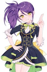 Rule 34 | 1girl, :d, absurdres, black dress, black shorts, collared shirt, cowboy shot, dress, green ribbon, hand on own hip, hand up, highres, hourai ninjin, idol clothes, long hair, long sleeves, looking at viewer, neck ribbon, open mouth, pretty series, pripara, purple hair, ribbon, salute, shirt, shorts, side ponytail, simple background, smile, solo, standing, toudou shion, two-finger salute, white background, white shirt, yellow eyes