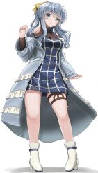 Rule 34 | 1girl, alternate costume, bare shoulders, blue dress, blue hair, blush, boots, clothing cutout, coat, commentary, dress, from below, full body, gotland (kancolle), grey coat, hair bun, hair ribbon, high heel boots, high heels, highres, kantai collection, long hair, looking at viewer, mole, mole under eye, open clothes, open coat, redundant-cat, ribbon, shoulder cutout, simple background, single hair bun, smile, solo, white background, white footwear, yellow ribbon