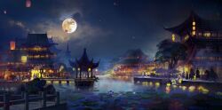 Rule 34 | architecture, cloud, cloudy sky, commentary request, east asian architecture, flower, full moon, gazebo, highres, horse, hy vong (phong canh), lantern, lily (flower), lily pad, moon, multiple boys, multiple girls, night, original, outdoors, pagoda, paper lantern, scenery, sky, tree, vietnamese commentary, water