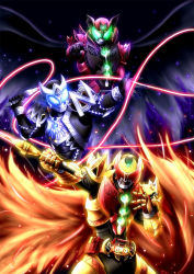 Rule 34 | 3boys, armor, black background, brothers, cape, father and son, glowing, glowing eyes, gold armor, head wings, holding, holding sword, holding weapon, irisu haniwa, kamen rider, kamen rider dark kiva, kamen rider kiva, kamen rider kiva (series), kamen rider saga, male focus, multiple boys, red armor, siblings, sword, weapon, whip, wings