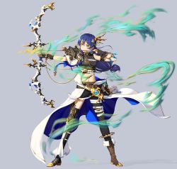 Rule 34 | 1girl, aiming, archery, arrow (projectile), black gloves, blue hair, bow (weapon), corsetman, drawing bow, fingerless gloves, from side, full body, gloves, hair between eyes, hair ornament, highres, holding, holding arrow, holding bow (weapon), holding weapon, long hair, looking to the side, love live!, love live! school idol festival, love live! school idol project, navel, outstretched arm, quiver, simple background, solo, sonoda umi, standing, weapon, yellow eyes