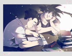 Rule 34 | black eyes, black hair, book, dragon ball, father&#039;s day, father and son, happy, muscular, muscular male, pencil, pencil case, smile, son gohan, son goku, studying, tagme, writing
