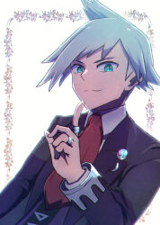 Rule 34 | 1boy, aqua eyes, aqua hair, closed mouth, collared shirt, creatures (company), game freak, highres, index finger raised, jacket, jewelry, kotobukkii (yt lvlv), long sleeves, looking at viewer, male focus, necktie, nintendo, open clothes, open jacket, pokemon, pokemon oras, red necktie, ring, shirt, short hair, smile, solo, steven stone, white shirt