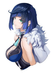 Rule 34 | 1girl, absurdres, bare shoulders, blue hair, bob cut, breasts, cleavage, commentary, fur-trimmed jacket, fur trim, genshin impact, green eyes, highres, jacket, jacket on shoulders, large breasts, looking at viewer, senzuodu, short hair, simple background, sleeveless, smile, solo, upper body, white background, white jacket, yelan (genshin impact)