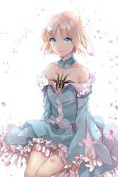 Rule 34 | 1girl, arms at sides, bare shoulders, blonde hair, blue dress, blue eyes, breast tattoo, chest tattoo, closed mouth, collar, collarbone, command spell, dress, eyebrows, fate/prototype, fate (series), flat chest, flower, frilled collar, frilled dress, frilled sleeves, frills, highres, ice (ice aptx), light smile, long sleeves, looking at viewer, off-shoulder dress, off shoulder, petals, sajou manaka, short hair, simple background, sitting, solo, tattoo, white background, wide sleeves