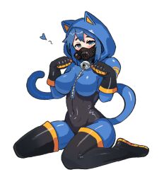 1girl animal_ears bell black_footwear black_gloves blu_pyro_(tf2) blue_bodysuit blue_eyes blue_hair blush bodysuit boots breasts cat_ears cat_tail commentary commission covered_navel english_commentary fake_animal_ears fake_tail full_body gas_mask genderswap genderswap_(otf) gloves heart highres large_breasts latex latex_bodysuit looking_at_viewer mask neck_bell pyro_(tf2) respirator short_hair simple_background sitting solo tail team_fortress_2 thigh_boots wariza wersman white_background zipper