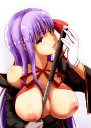 Rule 34 | 10s, 1girl, absurdres, bb (fate), bb (fate), bb (fate/extra), between breasts, blush, breasts, fate/extra, fate/extra ccc, fate (series), gloves, hair ribbon, highres, kaizuka, large breasts, licking, long hair, nipples, pointer, purple eyes, purple hair, ribbon, rod, rod of remorse, saliva, saliva trail, sexually suggestive, solo, very long hair, wand, white gloves