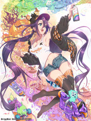 Rule 34 | 1girl, arm up, armpits, bare shoulders, bat (animal), black cat, black headwear, black jacket, black thighhighs, blue eyes, breasts, candy, cat, cleavage, collarbone, cross, earrings, food, furyou michi ~gang road~, ghost, graffiti, hair between eyes, halloween, hat, highres, holding, house, inline skates, jack-o&#039;-lantern, jacket, jewelry, long hair, medium breasts, monster, navel, nishikawa eito, open fly, open mouth, paint, pumpkin, purple hair, rainbow, roller skates, short shorts, shorts, skateboard, skates, smile, spray can, tank top, thighhighs, tombstone, tongue, torn clothes, tree, twintails, unbuttoned, white tank top, window