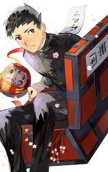 Rule 34 | 1boy, ace attorney, black eyes, black hair, black jacket, black pants, buttons, cherry blossoms, closed mouth, daruma doll, frown, gakuran, highres, jacket, long sleeves, looking to the side, male focus, pants, ryunosuke naruhodo, school uniform, short hair, simple background, sitting, solo, suitcase, suzumetarou, the great ace attorney, white background