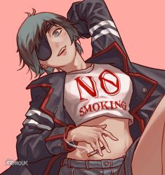 Rule 34 | 1girl, absurdres, alternate costume, artist name, atoroux, black eyes, black jacket, blue eyes, chainsaw man, cigarette, eyepatch, highres, himeno (chainsaw man), holding, holding cigarette, jacket, looking at viewer, midriff, midriff peek, one eye covered, open mouth, pink background, shirt, simple background, solo, teeth, white shirt, white stripes