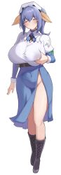 Rule 34 | 1girl, animal ears, blue hair, blue skirt, blush, boots, breasts, closed mouth, full body, highres, huge breasts, lactation, last origin, long sleeves, looking at viewer, maria of penance, narodenden, shirt, side slit, simple background, skirt, smile, solo, standing, tachi-e, wet, wet clothes, wet shirt, white background, white shirt