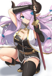 Rule 34 | 1girl, asymmetrical gloves, bare shoulders, black footwear, black gloves, black thighhighs, blue eyes, blush, braid, breasts, cleavage, commentary request, draph, elbow gloves, frown, gloves, granblue fantasy, hair ornament, hair over one eye, high heels, highres, holding, holding sword, holding weapon, horns, katana, large breasts, light purple hair, long hair, looking at viewer, low tied hair, narmaya (granblue fantasy), open mouth, pointy ears, purple hair, single braid, single thighhigh, sleeveless, solo, suiroh (shideoukami), sword, thigh strap, thighhighs, uneven gloves, very long hair, weapon