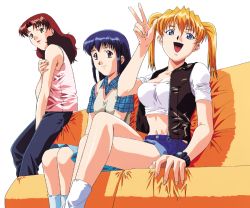 Rule 34 | 1990s (style), 3girls, arm grab, blue eyes, blue hair, couch, crop top, denim, denim shorts, feet out of frame, lipstick, long hair, looking at viewer, makeup, mary kenjitt, midriff, mitsusawa haruka, multiple girls, non-web source, official art, on couch, open mouth, orange hair, photoshop (medium), pink shirt, plaid, plaid skirt, red hair, red lips, refrain love 2, retro artstyle, shirt, short shorts, short sleeves, shorts, simple background, sitting, skirt, sleeveless, sleeveless jacket, sleeveless shirt, takigawa kazuo, twintails, vest, w, watch, white background, wristwatch, yakabe youko
