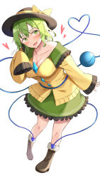 Rule 34 | 1girl, absurdres, black hat, boots, breasts, cleavage, fur-trimmed boots, fur trim, green eyes, green hair, green skirt, hat, heart, highres, komeiji koishi, large breasts, long sleeves, medium breasts, nagomian, shirt, skirt, solo, third eye, touhou, very long sleeves, white background, yellow shirt