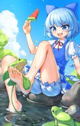 Rule 34 | 1girl, :d, absurdres, bloomers, blue bow, blue dress, blue eyes, blue hair, blue sky, blush, bow, bush, cirno, cloud, cloudy sky, collared shirt, commentary request, dress, food, frog, fruit, hair bow, highres, lake, open mouth, outdoors, pinafore dress, popsicle, puffy short sleeves, puffy sleeves, red ribbon, ribbon, rock, shirt, short dress, short hair, short sleeves, sky, sleeveless, sleeveless dress, smile, soaking feet, soles, solo, ssalyun, toes, touhou, tree, underwear, v-shaped eyebrows, watermelon, watermelon bar, watermelon slice, wet, white bloomers