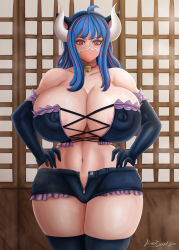 Rule 34 | 1girl, absurdres, animal ears, areola slip, artist name, bell, blue hair, blush, breasts, cat ears, cleavage, collar, cosplay, covered erect nipples, curvy, facial mask, hand on own hip, highres, horns, huge breasts, looking down, lucy heartfilia, lucy heartfilia (cosplay), multicolored hair, navel, nipples through clothes, one piece, open fly, pink hair, red eyes, short shorts, shorts, solo, thick thighs, thighhighs, thighs, ulti (one piece), wide hips, zipper