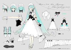 Rule 34 | 1girl, aqua eyes, aqua hair, aqua nails, black ribbon, bodice, bow, character sheet, closed eyes, collar, crypton future media, footwear bow, frilled skirt, frills, from behind, from side, full body, grey background, hatsune miku, headdress, highres, layered skirt, long skirt, looking at viewer, miku symphony (vocaloid), multiple views, nail polish, official art, piapro, rella, ribbon, shoulder tattoo, skirt, slippers, standing, tattoo, vocaloid, white bow, white collar, white footwear, white headdress, white skirt, wrist cuffs