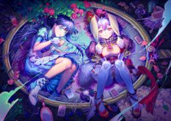 Rule 34 | 2girls, alice (alice in wonderland), alice in wonderland, animal ears, bad id, bad pixiv id, blue dress, blue eyes, cake, cake slice, card, cup, dress, elbow gloves, female focus, flower, food, gloves, hat, highres, jewelry, key, keyring, lolita fashion, long hair, looking at viewer, lying, mirror, multiple girls, pantyhose, perfume (band), pink eyes, plant, playing card, rabbit ears, shoes, silver hair, smile, snail, starfish, striped, teacup, vertical stripes, very long hair, white gloves, white legwear, white rabbit (alice in wonderland), wristband, yuri