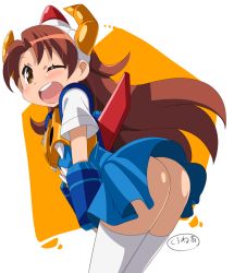 Rule 34 | 10s, 1girl, ;d, ass, blue skirt, blush, brown eyes, brown hair, from behind, gai-chan, leaning forward, long hair, looking at viewer, looking back, neibii, no panties, one eye closed, open mouth, robot girls z, simple background, skirt, smile, solo, thighhighs, white thighhighs