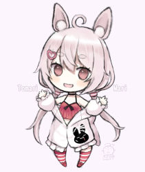 Rule 34 | 1girl, :d, ahoge, animal ear fluff, animal ears, bad id, bad pixiv id, breasts, brown eyes, camisole, capriccio, character name, chibi, commentary request, crop top, dated, full body, hair between eyes, hair ornament, heart, heart hair ornament, jacket, long hair, long sleeves, low twintails, off shoulder, open clothes, open jacket, open mouth, pink background, pink hair, puffy long sleeves, puffy sleeves, rabbit ears, red camisole, red footwear, shoes, short sleeves, signature, sleeves past wrists, small breasts, smile, solo, standing, striped clothes, striped thighhighs, thick eyebrows, thighhighs, tomari mari, tomari mari channel, twintails, very long hair, virtual youtuber, white jacket