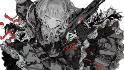 Rule 34 | 1girl, arm up, assault rifle, black dress, blunt bangs, cable, commentary, dress, explosive, frilled dress, frills, grenade, gun, highres, holding, holding gun, holding weapon, knife, long hair, long sleeves, original, parted lips, rifle, simple background, solo, tekito midori, very long hair, weapon, white background, white hair