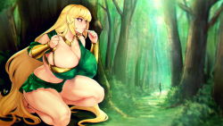 Rule 34 | 1girl, anklet, blonde hair, bracelet, breasts, cleavage, commission, curvy, finger to mouth, forest, gold, huge breasts, jewelry, long hair, miniskirt, nature, original, outdoors, parted lips, red eyes, revealing clothes, sidelocks, skirt, solo, squatting, thick thighs, thighs, tree, very long hair, zcune