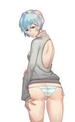 Rule 34 | 1girl, :o, ass, ayanami rei, back cutout, backless outfit, bad id, bad pixiv id, bare back, blue hair, clothing cutout, flat ass, harabacho (gkfkqkch1), looking at viewer, looking back, neon genesis evangelion, no pants, panties, red eyes, short hair, side-tie panties, solo, striped clothes, striped panties, sweater, underwear, white background