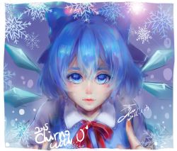 Rule 34 | 10s, 1girl, 2015, blue eyes, blue hair, bow, character name, cirno, collared shirt, dated, eyelashes, hair bow, highres, ice, ice wings, index finger raised, lens flare, lips, looking at viewer, matching hair/eyes, neck ribbon, nose, parted lips, portrait, ribbon, shest , shirt, short hair, signature, snowflakes, solo, touhou, vest, wings