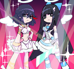 Rule 34 | 2girls, angel wings, black hair, commentary request, cosplay, creator connection, cross-laced clothes, cross-laced legwear, dress, frills, halo, kill la kill, kiryuuin satsuki, long hair, matoi ryuuko, midriff, multiple girls, panty &amp; stocking with garterbelt, panty (psg), panty (psg) (cosplay), parody, short hair, siblings, sisters, stocking (psg), stocking (psg) (cosplay), striped clothes, striped legwear, striped thighhighs, style parody, sword, thighhighs, trait connection, weapon, wings, yunkru