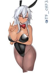 Rule 34 | 1girl, alternate costume, alternate hairstyle, animal ears, arm under breasts, bare shoulders, black leotard, blush, bow, bowtie, breast hold, breasts, brown pantyhose, covered navel, dark-skinned female, dark skin, detached collar, fake animal ears, hair between eyes, highleg, highleg leotard, kantai collection, large breasts, leotard, long hair, looking at viewer, musashi (kancolle), pantyhose, playboy bunny, ponytail, rabbit ears, red bow, red bowtie, red eyes, smile, solo, strapless, strapless leotard, tf cafe, white hair, wrist cuffs