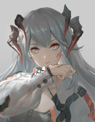 Rule 34 | 1girl, absurdres, arknights, black choker, blood, blood on face, breasts, choker, cleavage, commentary, criss-cross halter, earrings, grey background, halterneck, head tilt, high collar, highres, horns, jewelry, jiam009, long hair, long sleeves, looking at viewer, medium breasts, open clothes, open shirt, pink lips, puffy sleeves, red eyes, saria (arknights), shirt, silver hair, simple background, solo, upper body, white shirt